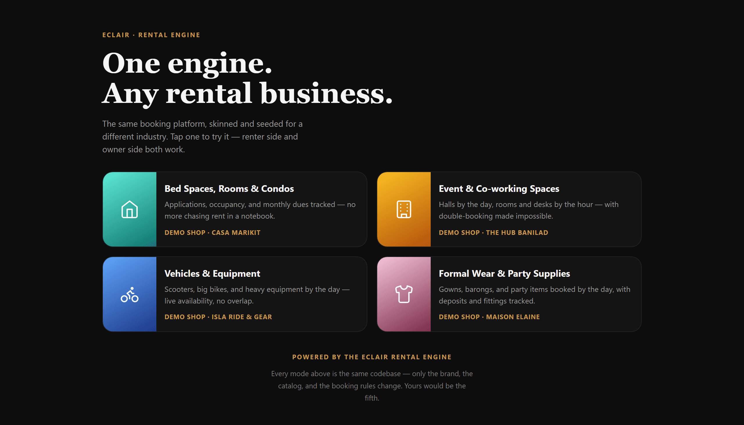 Éclair Rental Engine demo screenshot